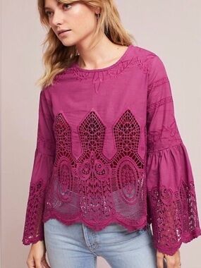Embroidered Lace Bell-Sleeve Blouse - Magenta